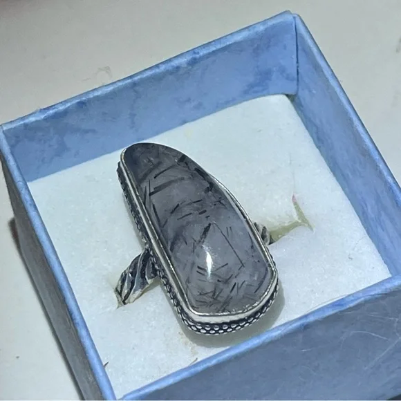 New Artisan Grey Tourmalinated Quartz Stone 925 Sterling Silver Flower Ring - Picture 7 of 17